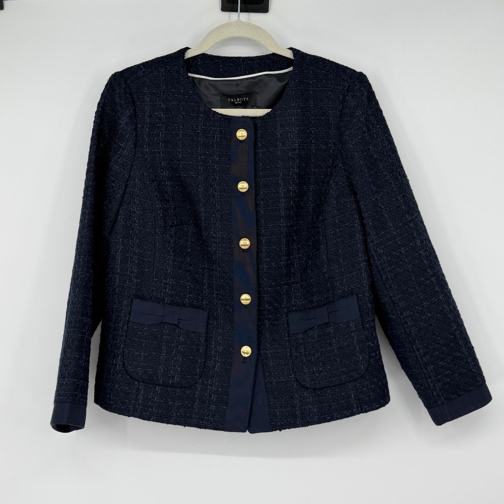 NWT Talbots Navy Tweed Jacket 10P Petite Gold Button Bow Pocket Collarless Lined